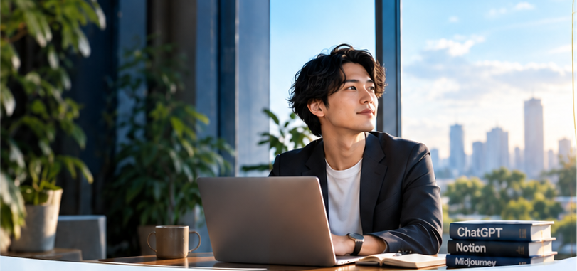 窓から街を眺めながらノートパソコンに向かう男性