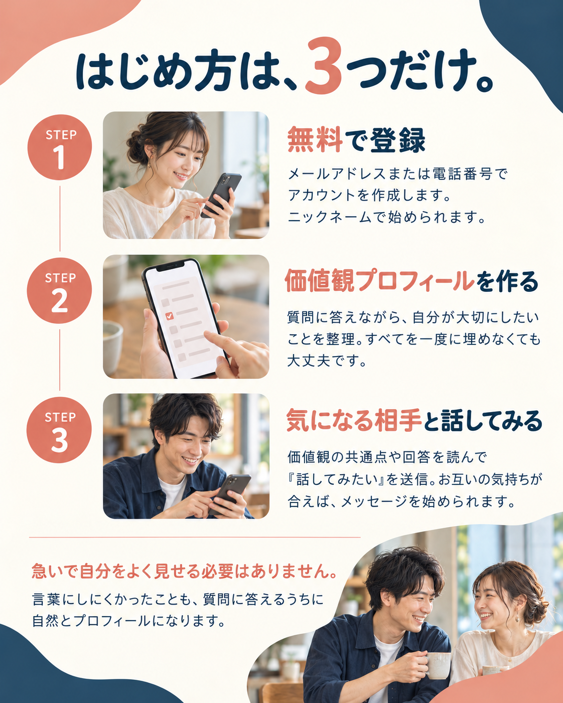 無料登録、価値観プロフィール作成、気になる相手との会話。始め方は3つ。