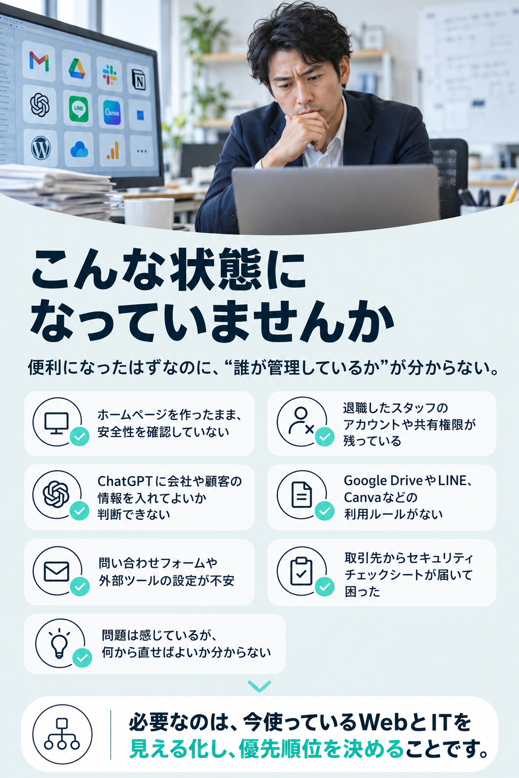 ホームページ、アカウント、生成AI、共有権限など、よくあるIT管理の困りごと。