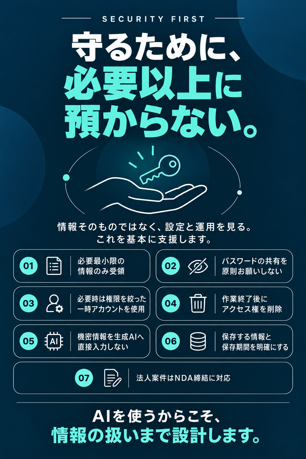 守るために必要以上に預からない、7つの情報取扱方針。